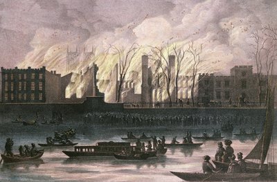 View of a fire at Whitehall Palace by English School